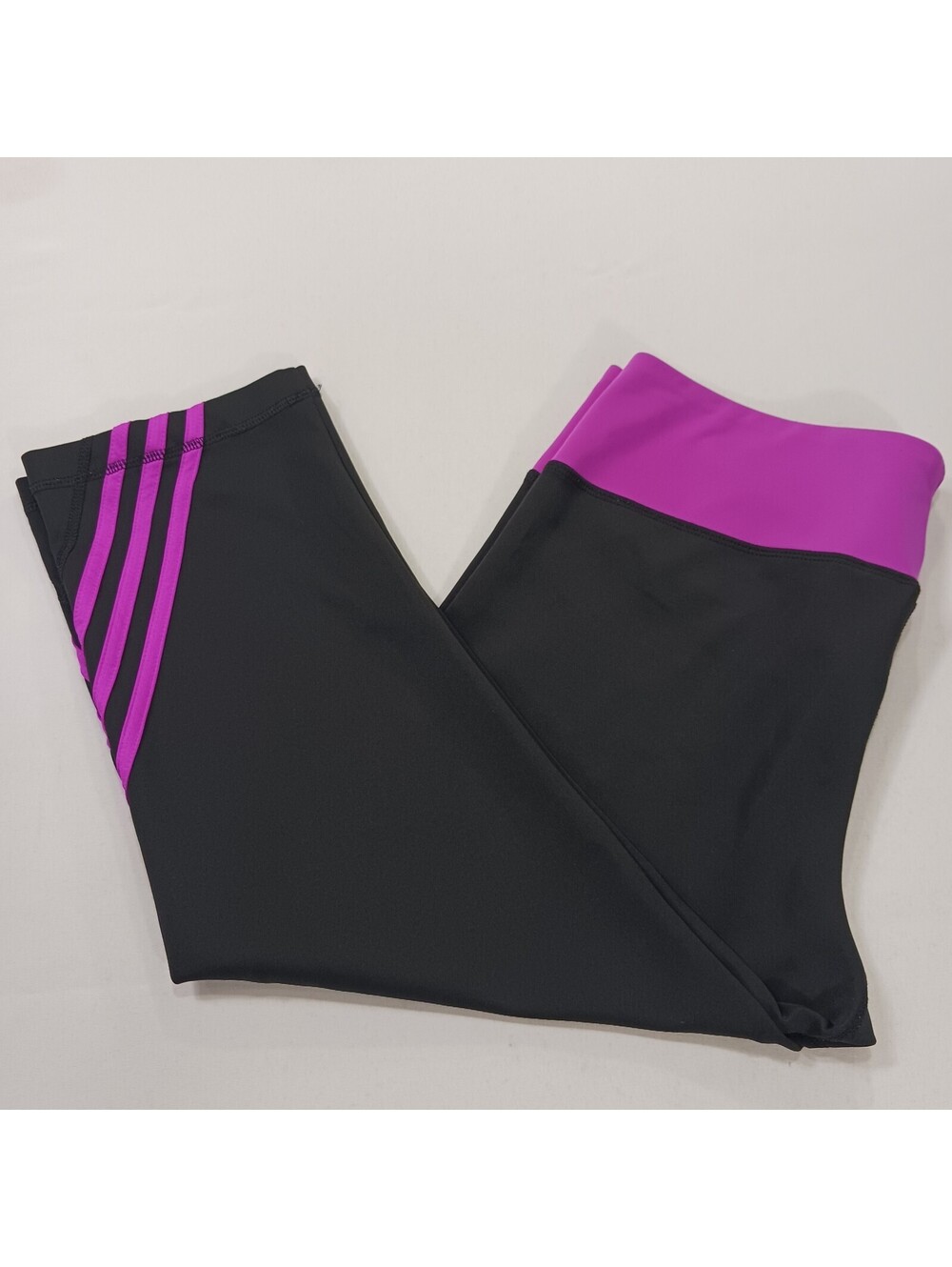 Adidas Leggings Women's XL Climalite Black/Purple 3-Stripe Cropped Athletic Gym